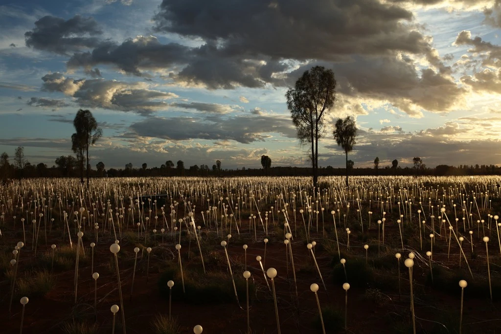 Vista de dia de la instalacion luminica en uluru de Bruce Munro
