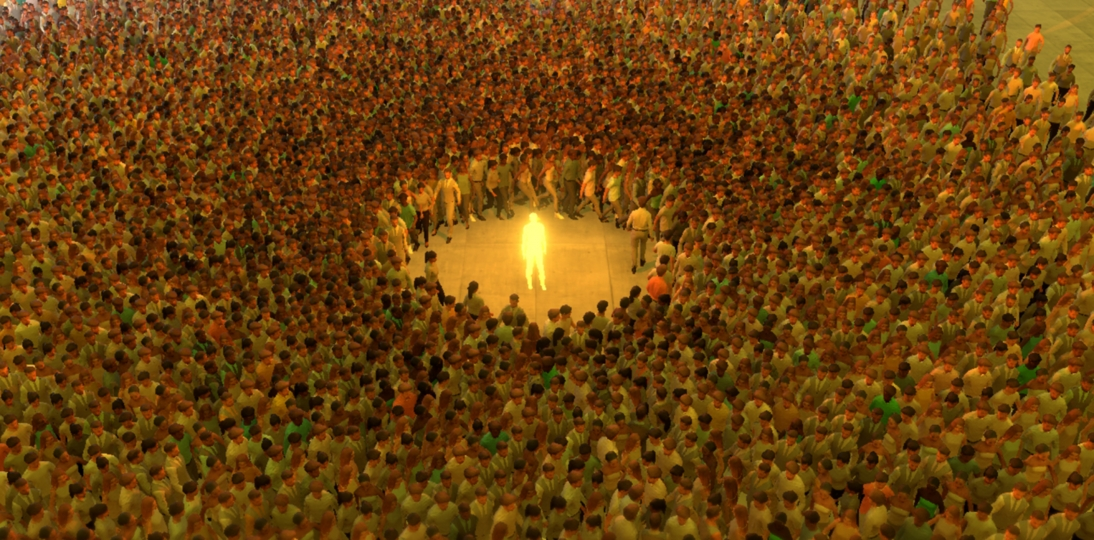 personaje amarillo brillante rodeado de un sinfín de personas anónimas