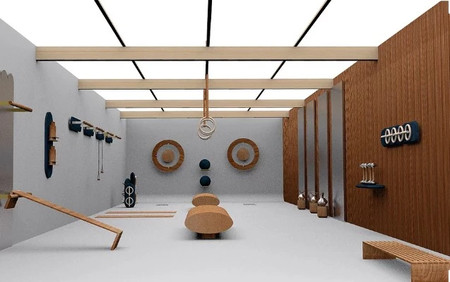 detalle de los distintos elementos diseñados por kenko en un gimnasio