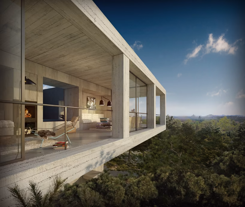 detalle del interior Salón acristalado de una Solo House volado sobre un bosque, con estructura de hormigón y vistas abiertas
