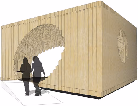 boceto3 Recreación del pabellón Genesis de Adjaye, un cubo de listones de madera con una gran abertura curva