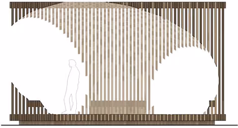 boceto1 Alzado del pabellón Genesis de David Adjaye con listones verticales y una gran abertura ovalada