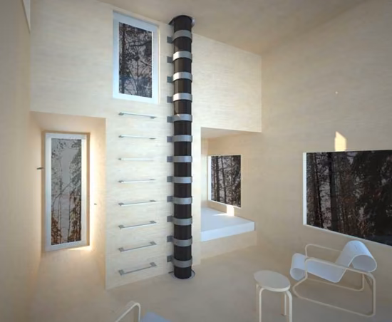 Interior de madera clara del Mirrorcube del Treehotel con escalera de peldaños en la pared y ventanas al bosque