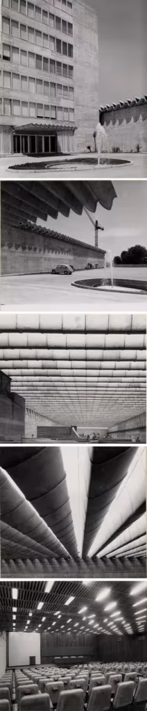 Centro de Estudios Hidrográficos de Miguel Fisac en blanco y negro: fachada, techos de vigas y auditorio