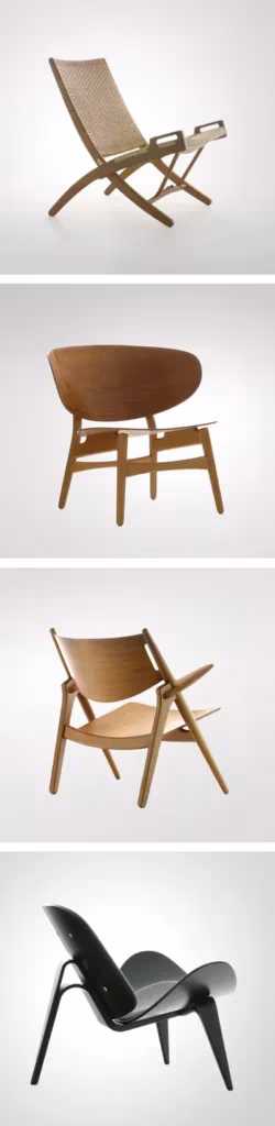 Cuatro sillas de madera de Hans J. Wegner, entre ellas la Shell Chair y una silla plegable
