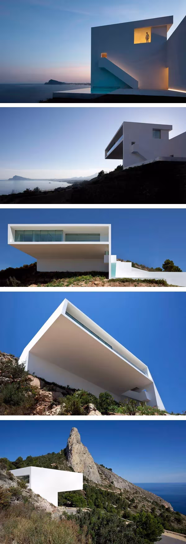 casa del acantilado Casa del Acantilado en cinco vistas: volumen blanco con grandes voladizos sobre el mar y la roca