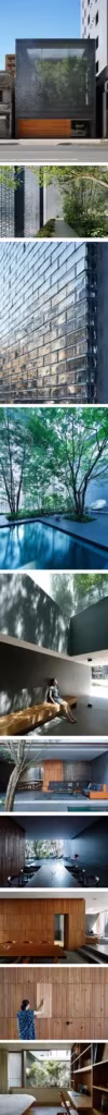 Secuencia vertical de vistas de la Casa de Cristal de Hiroshima, con fachadas de bloques de vidrio, patios con árboles e interiores