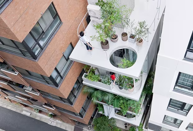 Casa jardín de Ryue Nishizawa en Tokio vista desde arriba: losas blancas abiertas llenas de plantas entre edificios de ladrillo