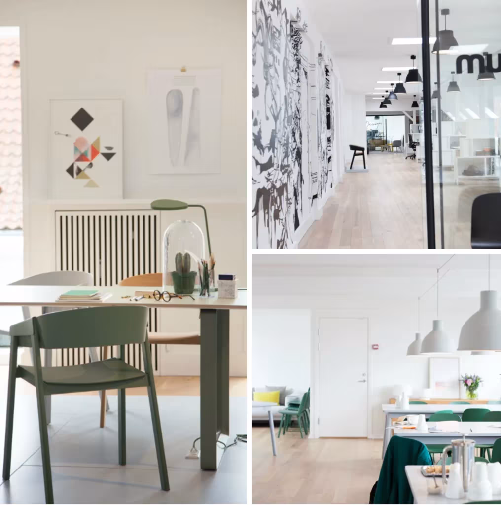Collage de oficinas y estudio de Muuto con sillas verdes, lámparas colgantes, cuadros geométricos y suelos de madera clara