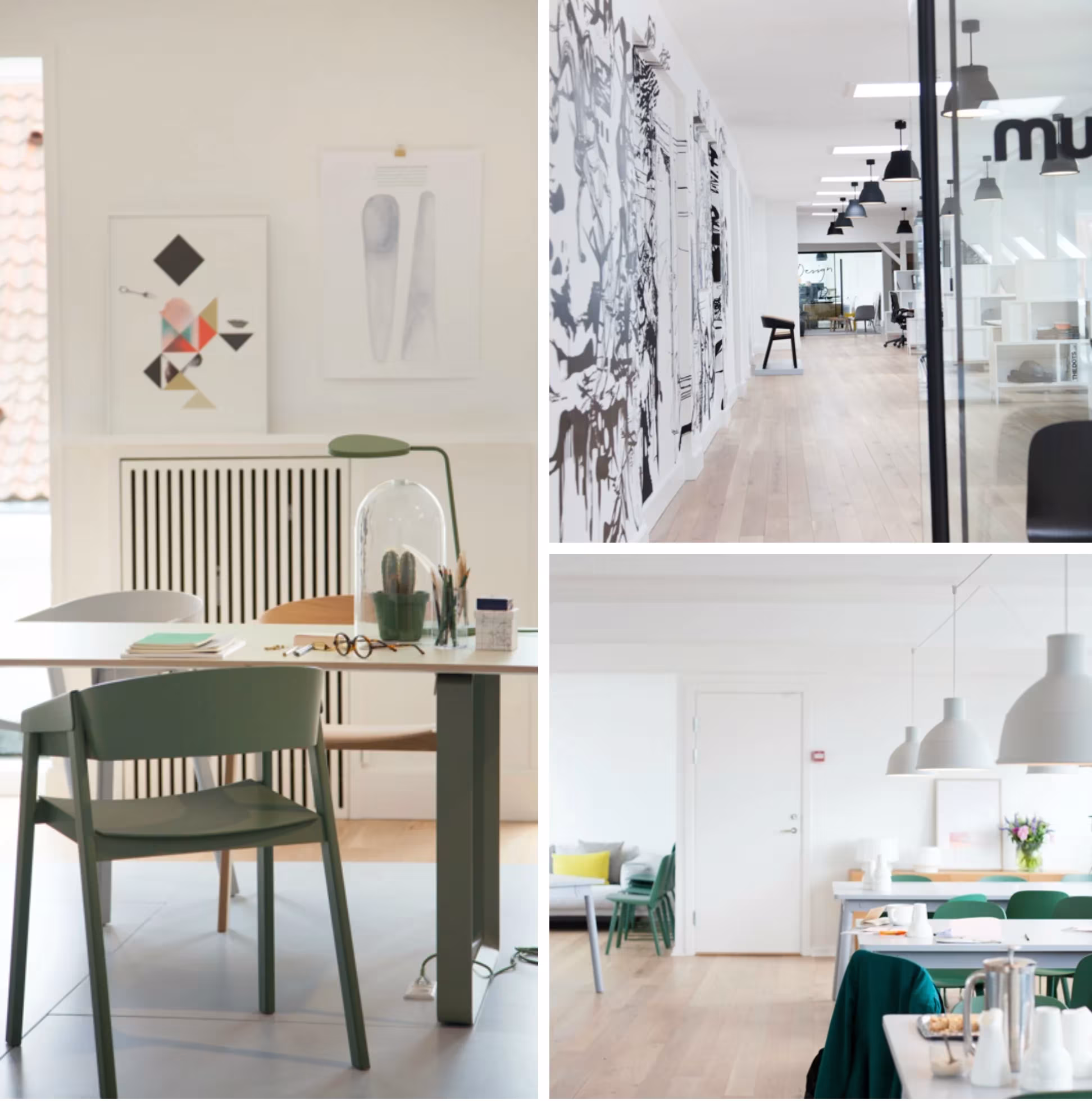 Collage de oficinas y estudio de Muuto con sillas verdes, lámparas colgantes, cuadros geométricos y suelos de madera clara