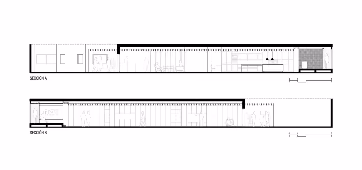 Secciones longitudinales A y B del Oak Showroom de Anna & Eugeni Bach en Barcelona