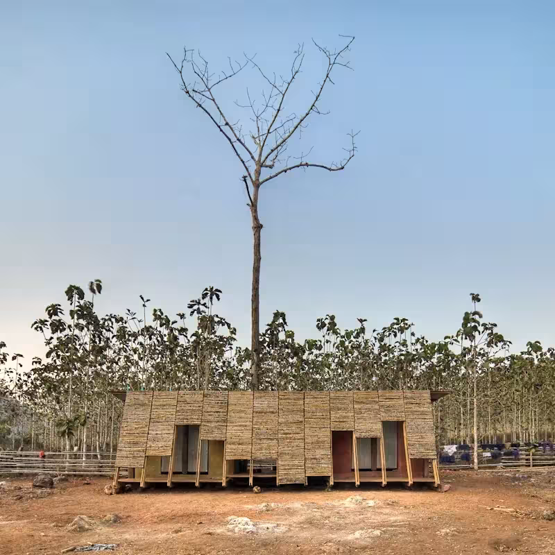 Casa de baños de TYIN Tegnestue con fachada de bambú en un orfanato de Tailandia, con un árbol desnudo detrás