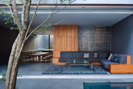 Salón junto al patio con un árbol, sofá azul oscuro y volumen de madera, abierto a la lámina de agua