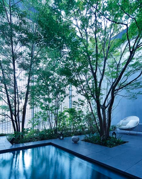 Patio ajardinado con árboles y lámina de agua entre muros grises en la Optical Glass House de Hiroshima