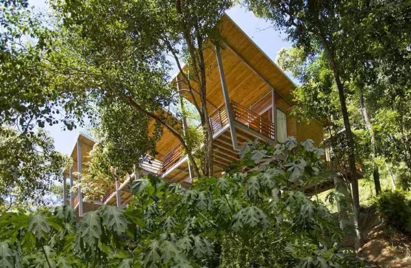 Casa flotante de Benjamín García Saxe: vivienda de madera elevada sobre pilotes entre la vegetación de una colina