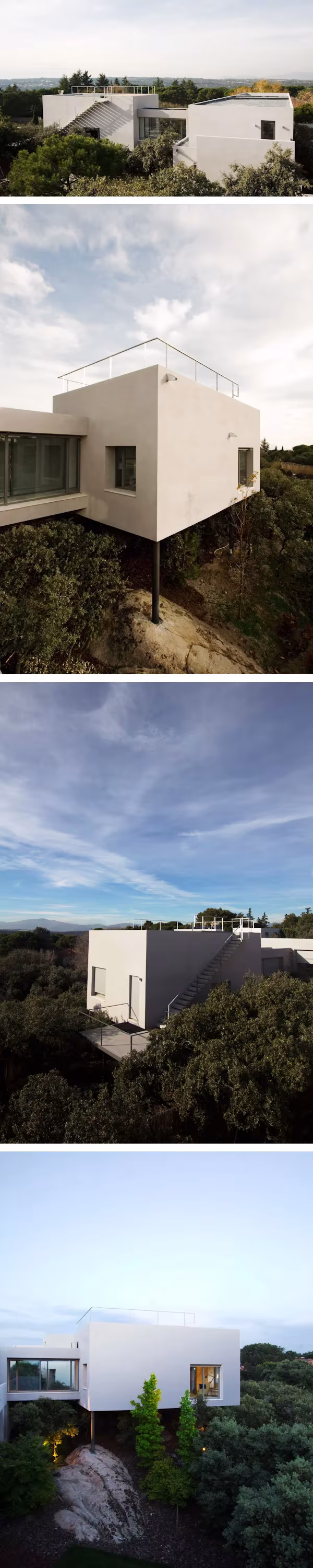 Cuatro vistas exteriores de Mar de Encinas de Ábaton, volúmenes blancos entre encinas y cielo abierto