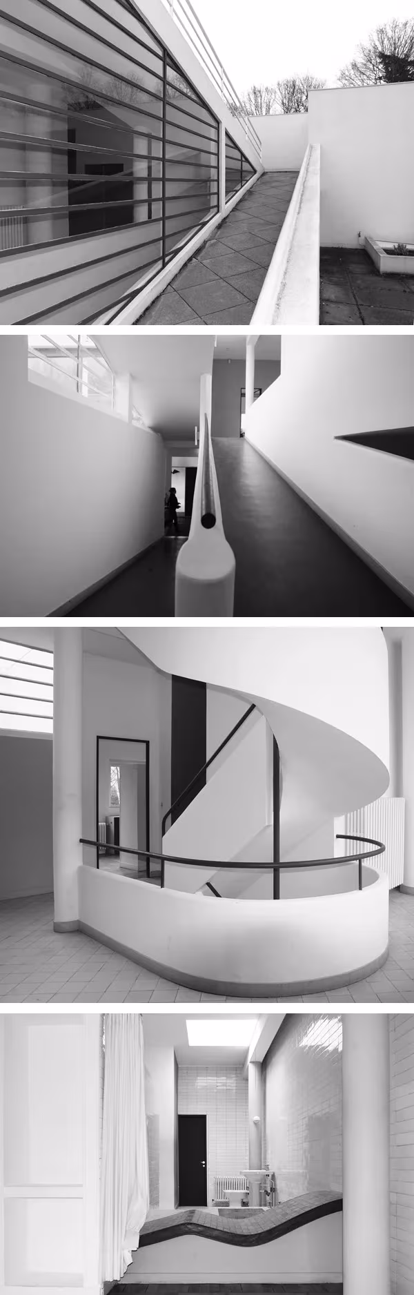 ville-savoye-black-and-white Cuatro vistas en blanco y negro de la Villa Savoye de Le Corbusier: rampa, ventana corrida, escalera curva y baño