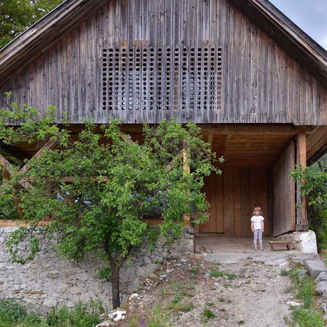 Granero alpino de OFIS en Eslovenia: fachada de madera envejecida con un árbol delante y una niña en la entrada