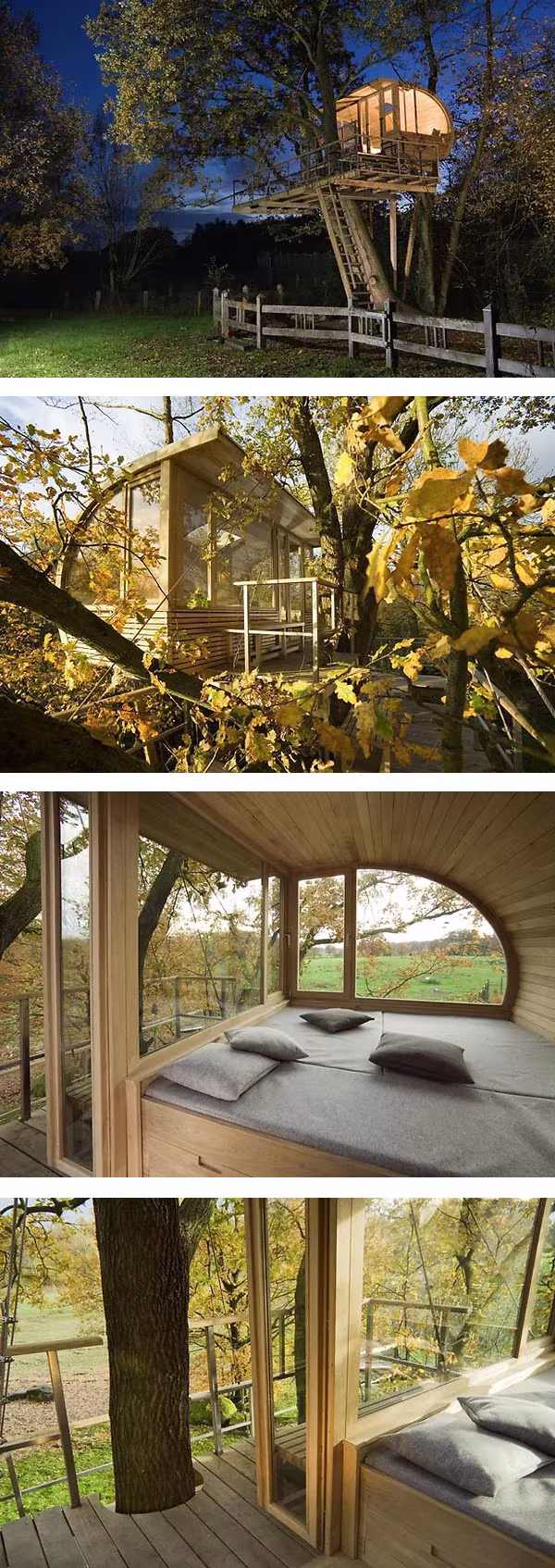 cabaña3 Tree House de madera entre árboles, vista nocturna, en otoño y habitación interior con cama