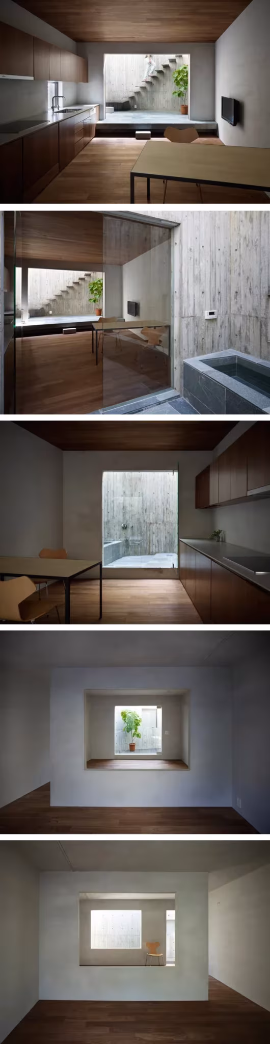 Interior Hiro House Interiores de la Casa Hiro con baño de madera, ventanas encuadradas y muros de hormigón