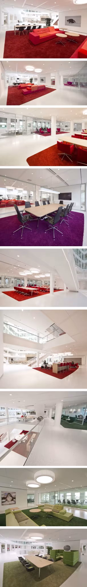 Eneco Headquarters floor colors Plantas de oficinas de la sede de Eneco en Rotterdam con moqueta roja y zonas de trabajo abiertas
