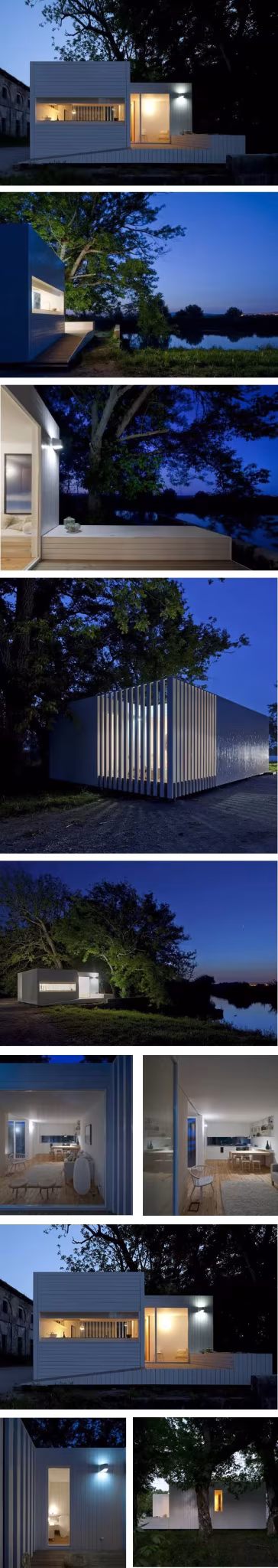 fotos nocturnas exterior e interior Pabellón blanco de lamas iluminado por la noche entre árboles y agua en Treehouse Riga