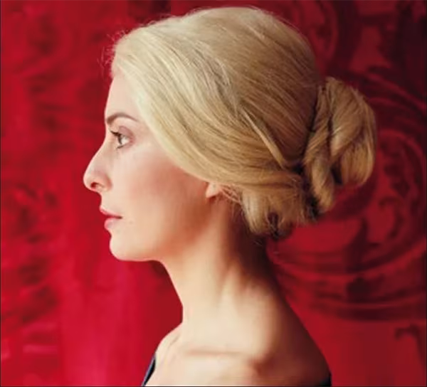 Retrato de perfil de una mujer rubia con moño sobre fondo rojo, de la colección Alicia Aza