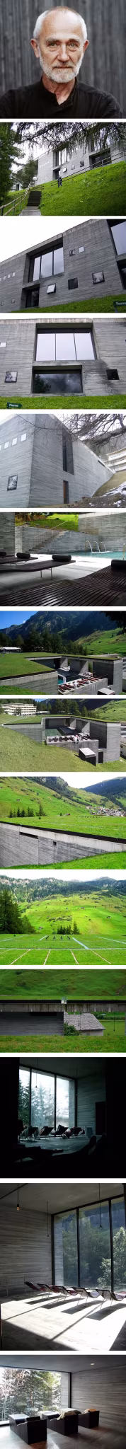 Retrato de Peter Zumthor y vistas de las Termas de Vals: cubierta de hierba, corredores y piscinas