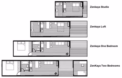 zenkaya4 Plantas comparadas de los cuatro modelos Zenkaya: Studio, Loft, One Bedroom y Two Bedrooms