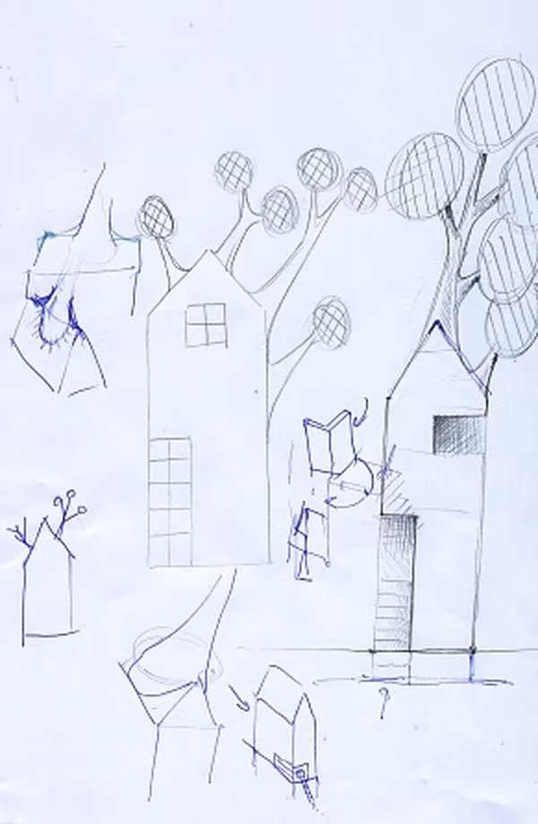 Boceto a lápiz de la casa portátil Isolée de Tjep, con árboles solares y una pequeña cabaña sobre patas