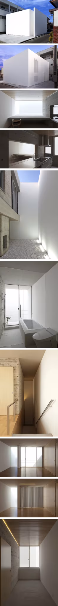Serie vertical de vistas de la House-T en Miyazaki: muro de hormigón blanco, patios y estancias minimalistas
