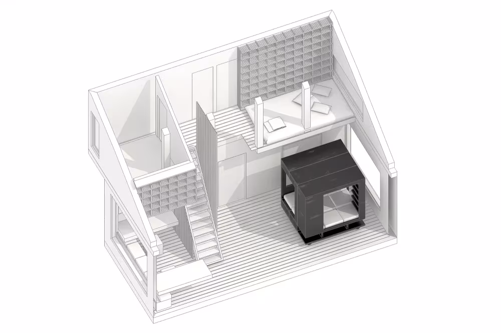 Maqueta axonométrica blanca de la residencia de Moscú con el cubo negro, la escalera y el altillo