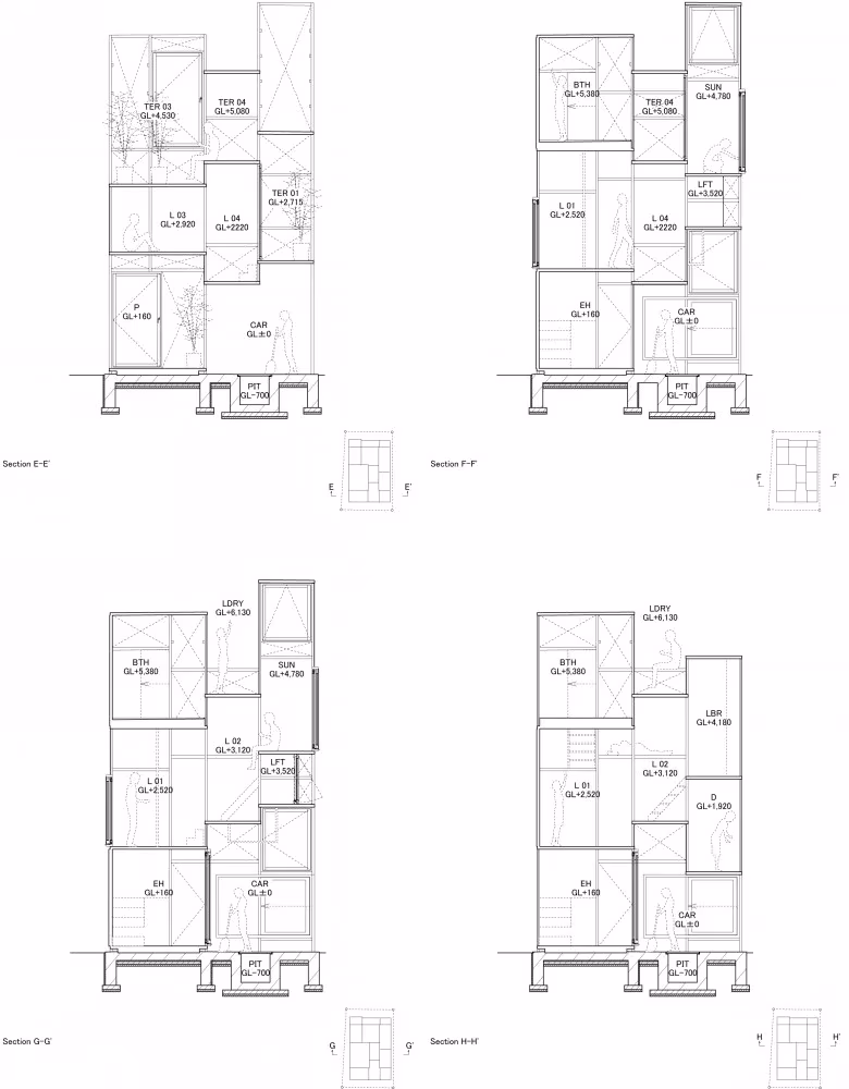 Cuatro secciones verticales de la Casa Na de Sou Fujimoto con sus niveles escalonados