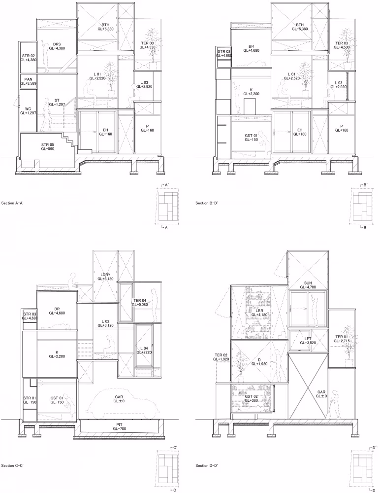 Serie de secciones de la Casa Na de Sou Fujimoto que muestran las 21 plataformas entrelazadas