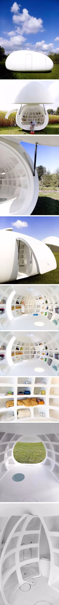 Serie vertical del Blob de dmvA: cápsula blanca ovalada en un jardín y su interior con nichos y mobiliario