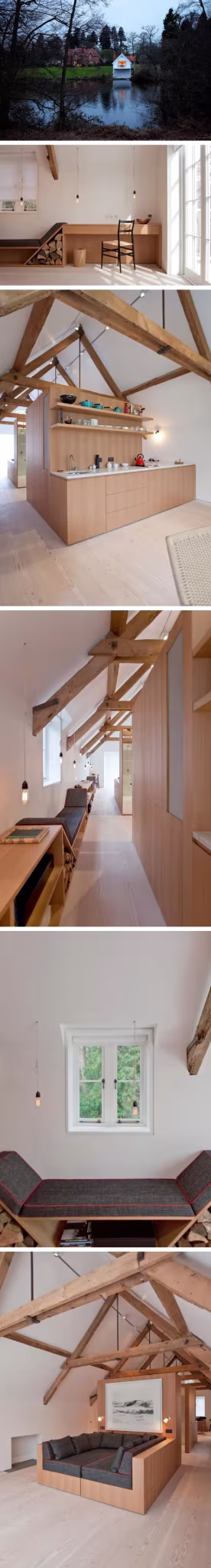 Serie vertical del Boathouse de Alex Cochrane: caseta junto al lago e interiores de madera y vigas vistas