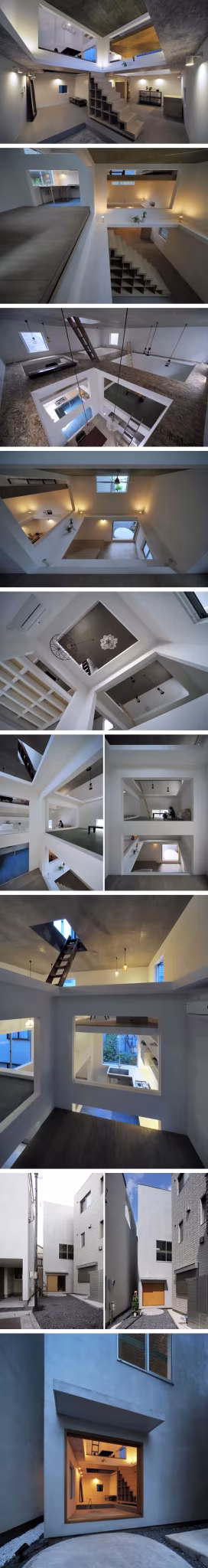 Serie vertical de la House T de Hiroyuki Shinozaki en Tokio: plataformas de madera a distintas alturas y huecos de luz