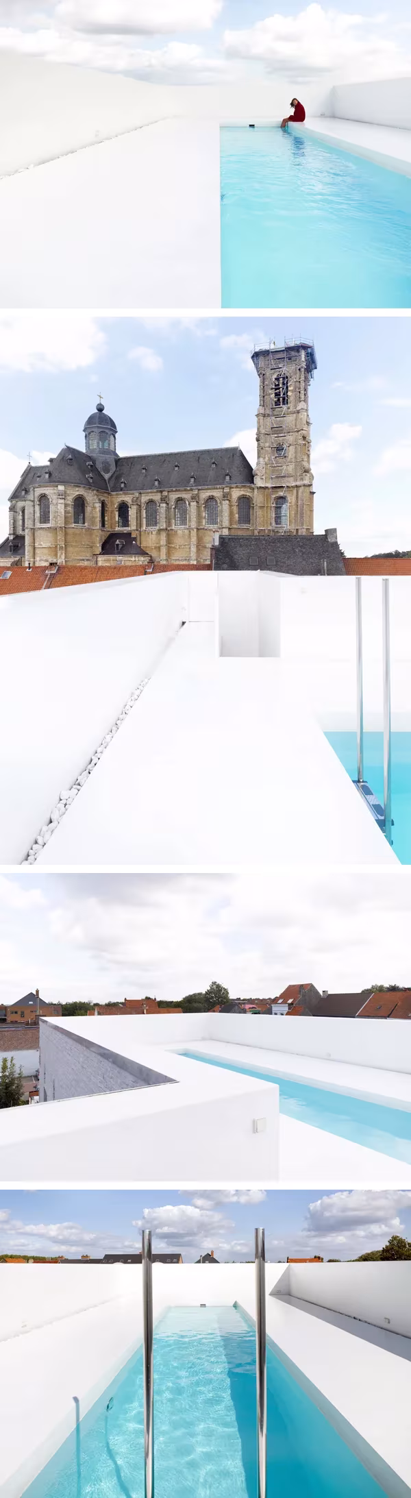 Serie vertical de la piscina de dmvA en Flandes: lámina de agua en una azotea blanca junto a una iglesia antigua