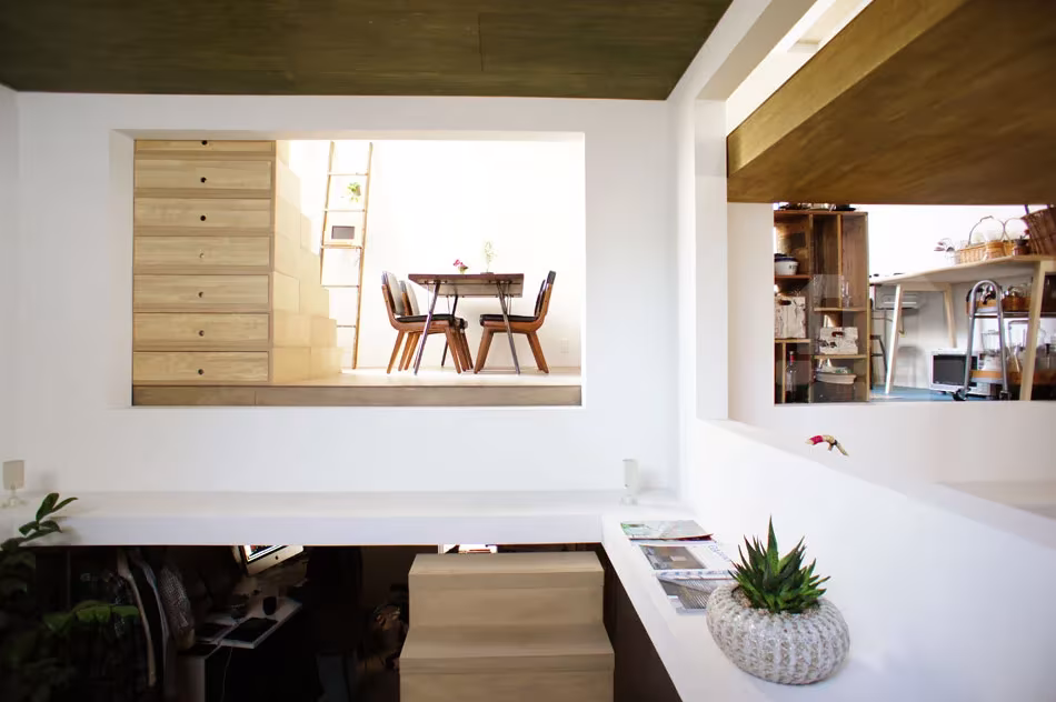 Estancia blanca de la House T con techo de madera oscura, comedor elevado y una maceta en primer plano