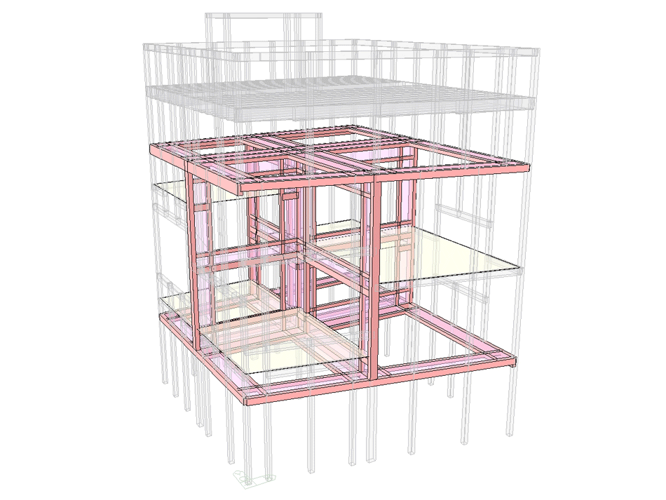 Axonometría de la estructura de la House T con el entramado de vigas resaltado en rosa