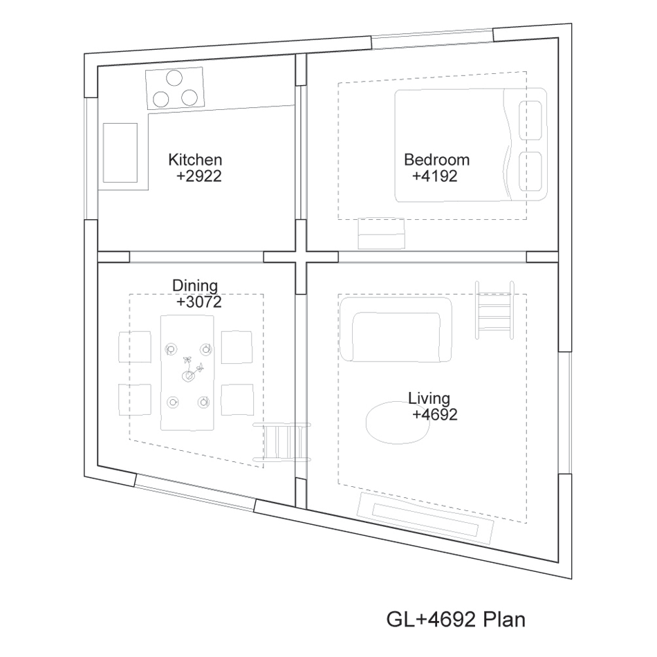 Planta de la House T con cocina, dormitorio, comedor y salón en cuatro cuadrantes a distintas alturas