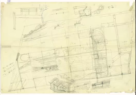 Dibujos superpuestos a lápiz de la planta y los miradores del Gimnasio del Colegio Maravillas