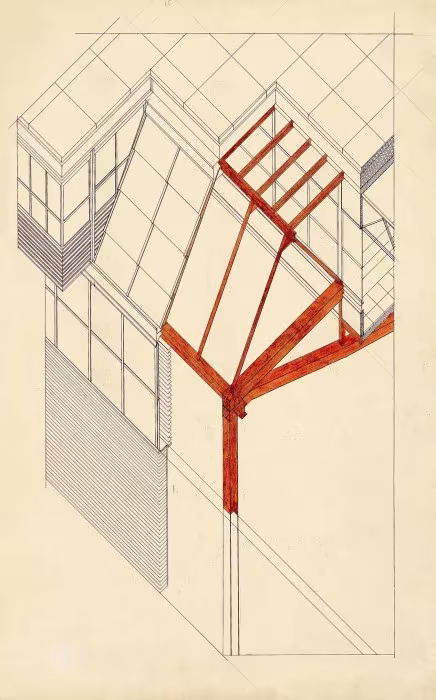 Axonometría coloreada de la estructura de cerchas del Gimnasio del Colegio Maravillas