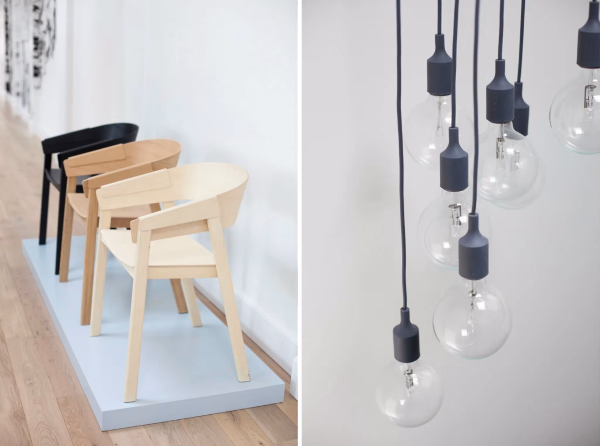 Sillas de madera de Muuto apiladas sobre una peana y lámparas colgantes con bombillas desnudas