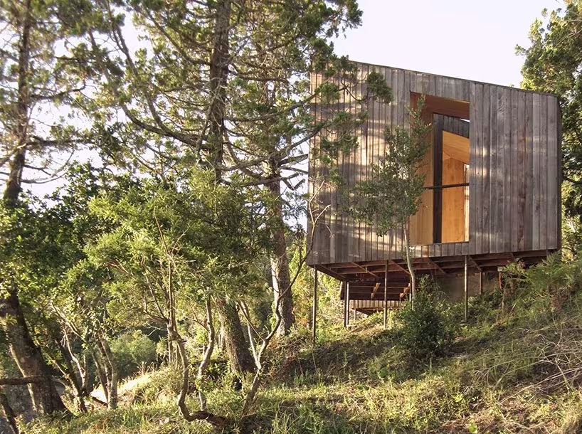 Sauna de Panorama Arquitectos en el lago Ranco: volumen de madera oscura sobre pilotes entre árboles