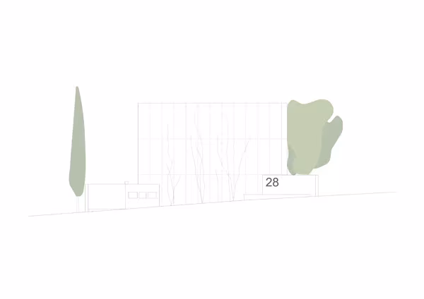 Alzado a la calle de la sede de ÁBATON en Madrid, con un ciprés y un árbol dibujados junto a la fachada