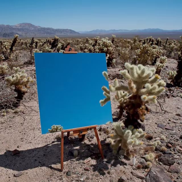 Lienzo azul sobre un caballete entre cactus del desierto de Joshua Tree, obra de Daniel Kukla