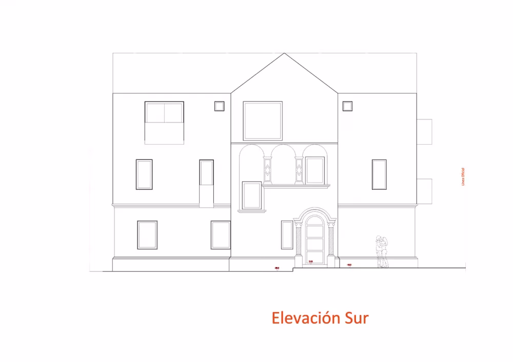 Alzado sur del Hostal Caracol de FOAA Arquitectos, con puerta de arco y ventanas en la fachada