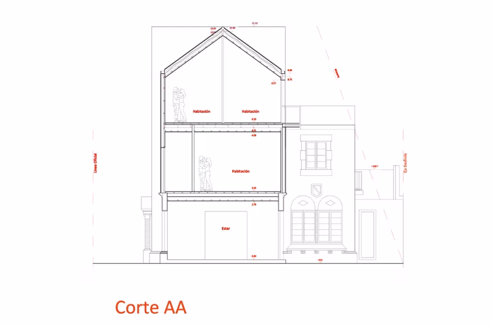 Sección AA del Hostal Caracol de FOAA Arquitectos, con la casa original de cubierta a dos aguas