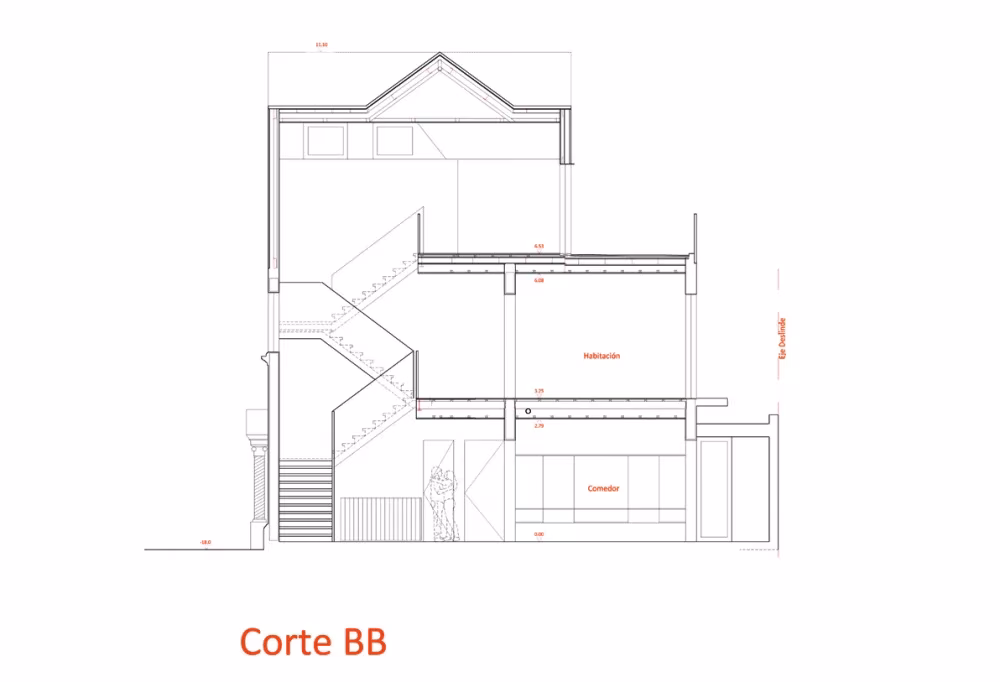 Sección BB del Hostal Caracol de FOAA Arquitectos, con la escalera y la ampliación en altura